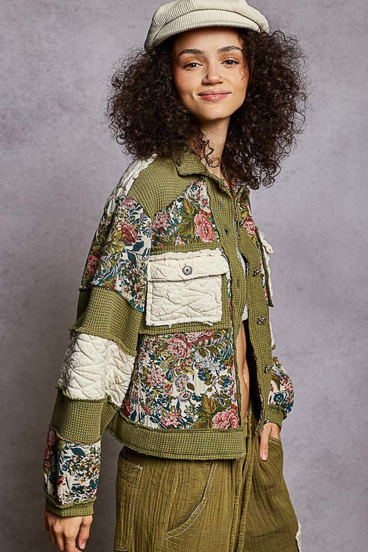 Patchwork Tapestry Shacket - Olive/Cream