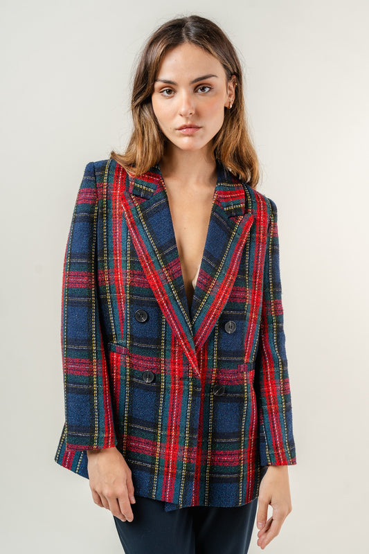 Preppy Holiday Tweed Padded Shoulder Plaid Blazer - Red/Navy Multi
