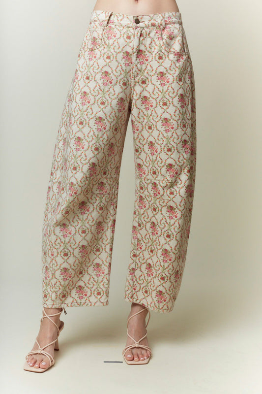 Jacquard Floral Printed Barrel Jeans - Pink/Orange