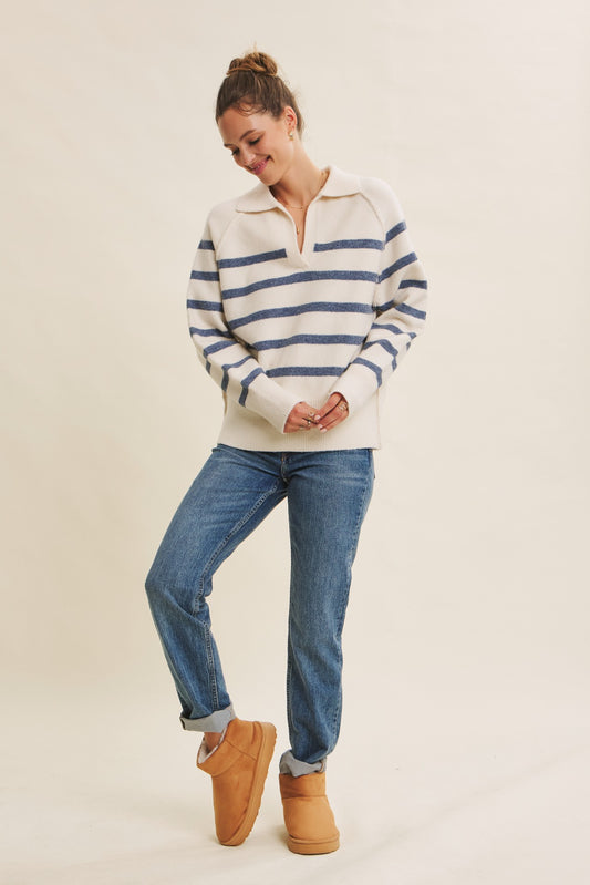 Poly Wool Blend Stripe Sweater - Ivory/Blue