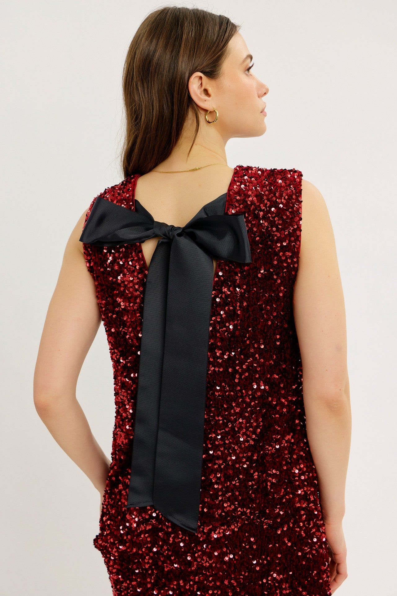 Sequin Velvet Mini Dress With Back Ribbon Tie - Burgundy