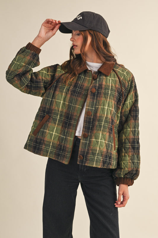 Plaid Quilted Jacket - Olive Multi