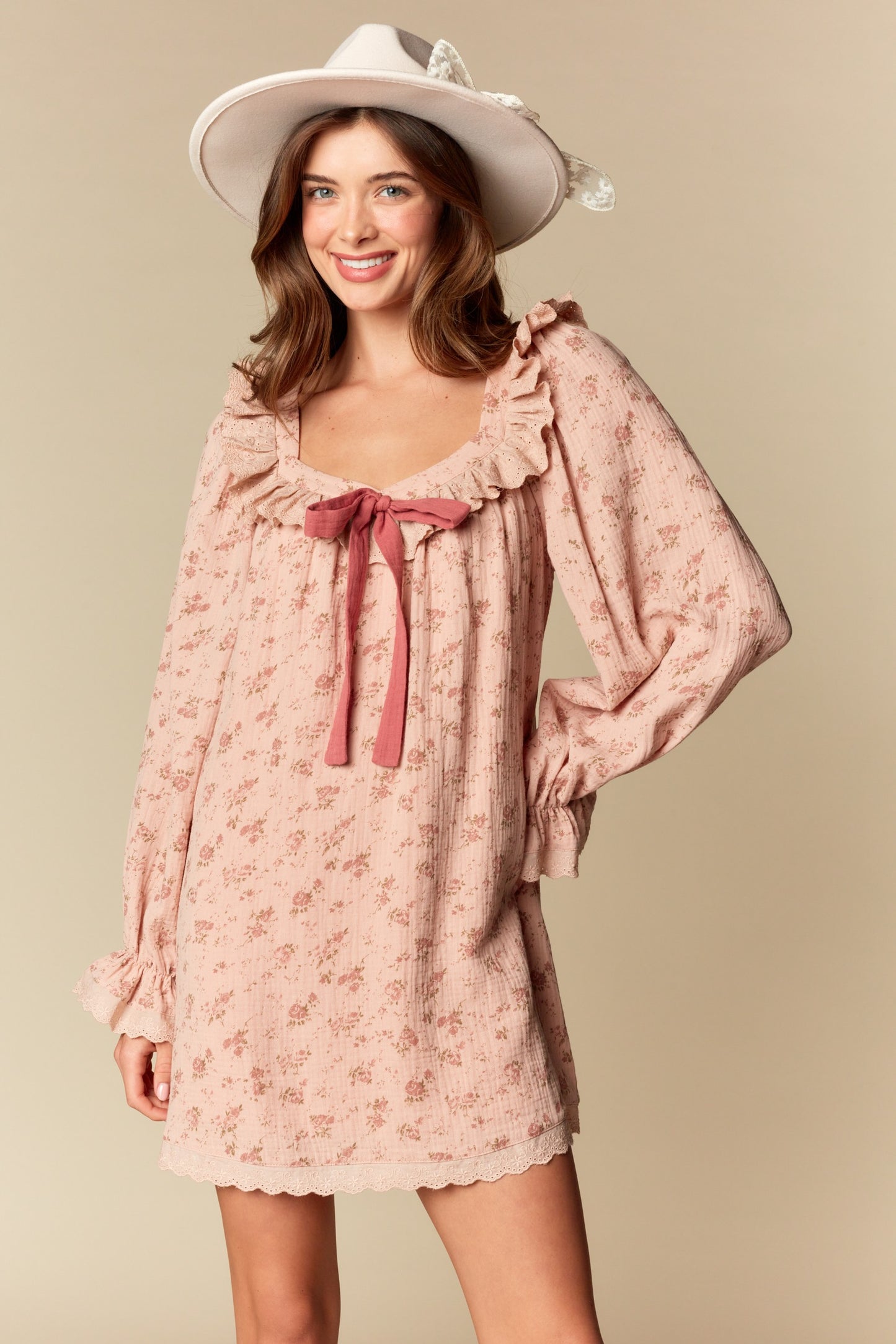Ruffle Trim Floral Babydoll Mini Dress - Rose Pink