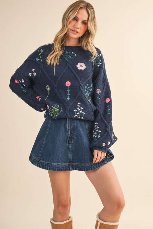 Multi Floral Embroidered Lattice Cable Sweater - Navy