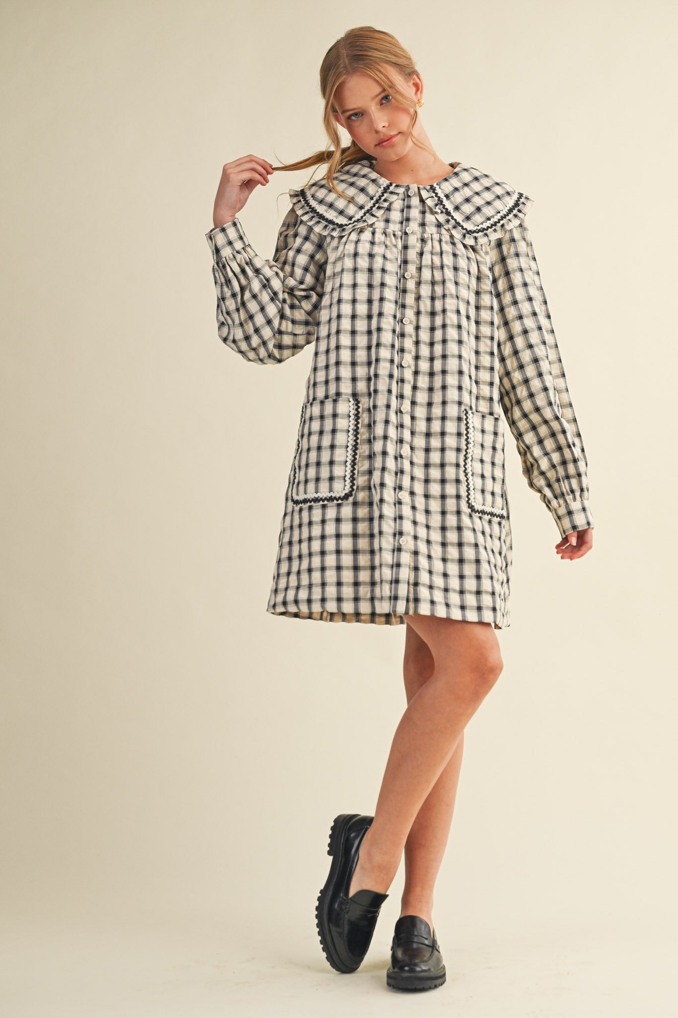 Peter Pan Collar Button Down Plaid Mini Dress - Black/Cream