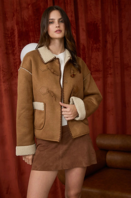 Faux Shearling Suede Toggle Button Jacket - Camel
