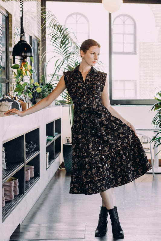 Tapestry Sleeveless Midi Shirt Dress - Black Multi