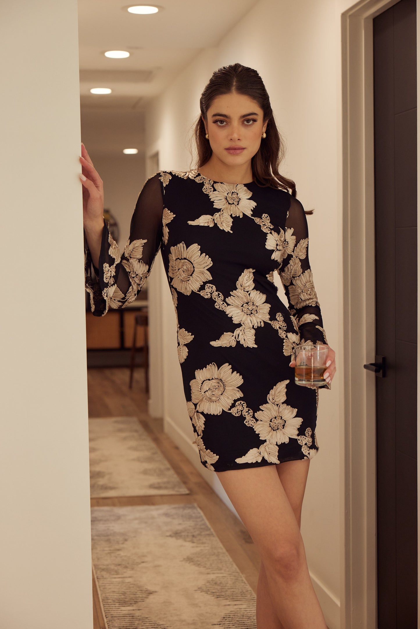 Bell Sleeve Mini Dress With Back Cut Out - Black/Taupe