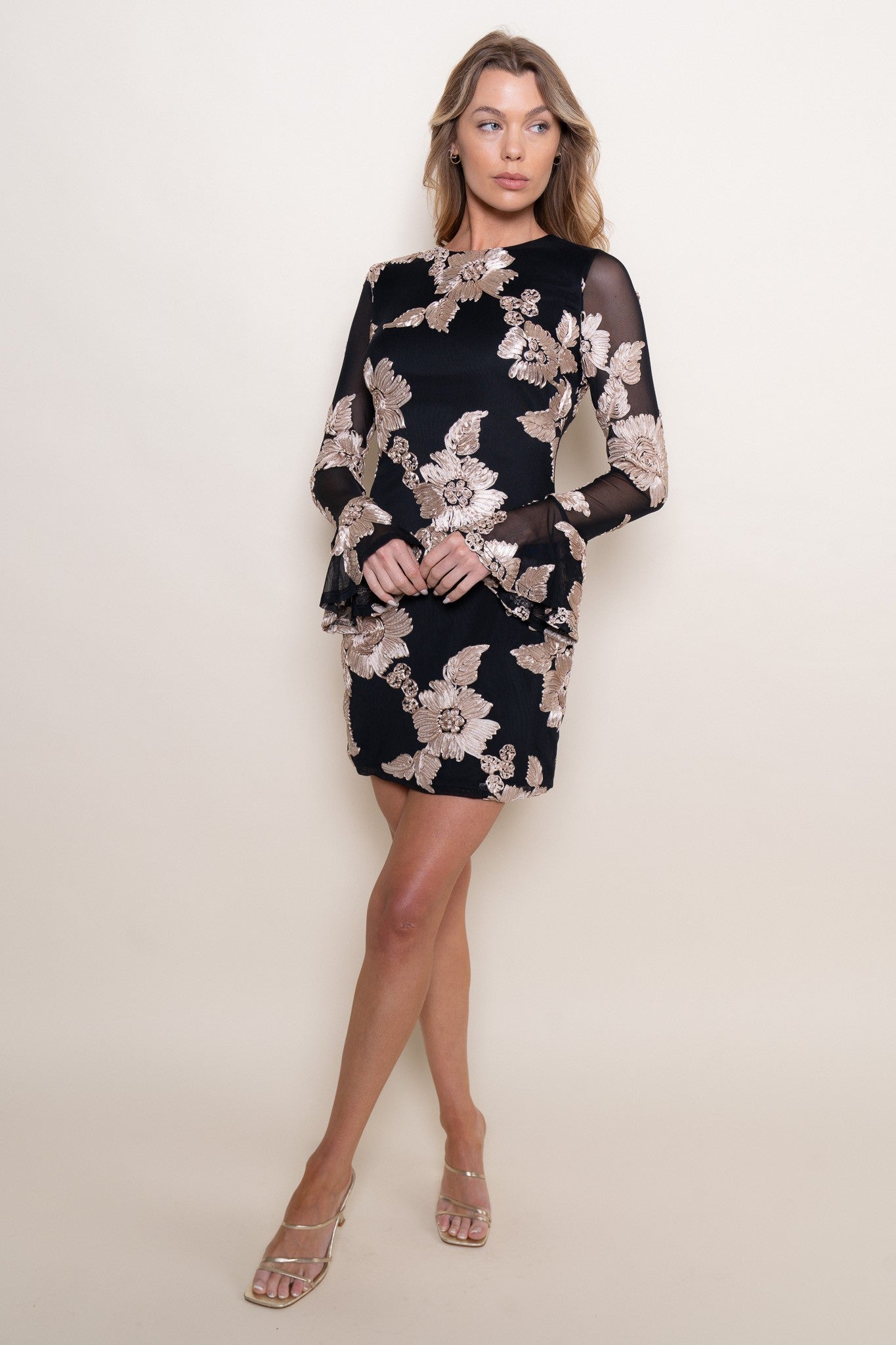 Bell Sleeve Mini Dress With Back Cut Out - Black/Taupe