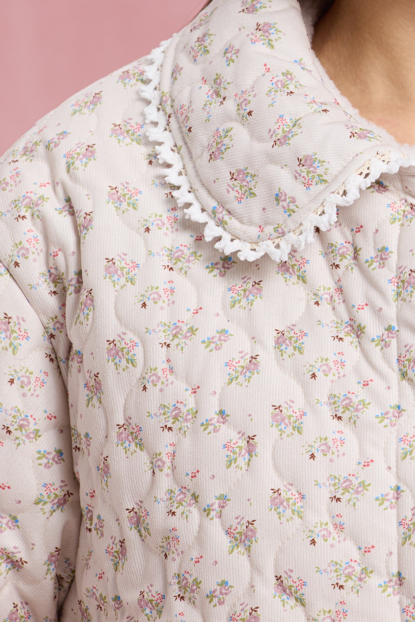 Sherpa-lined Floral Puffer With Lace Trim