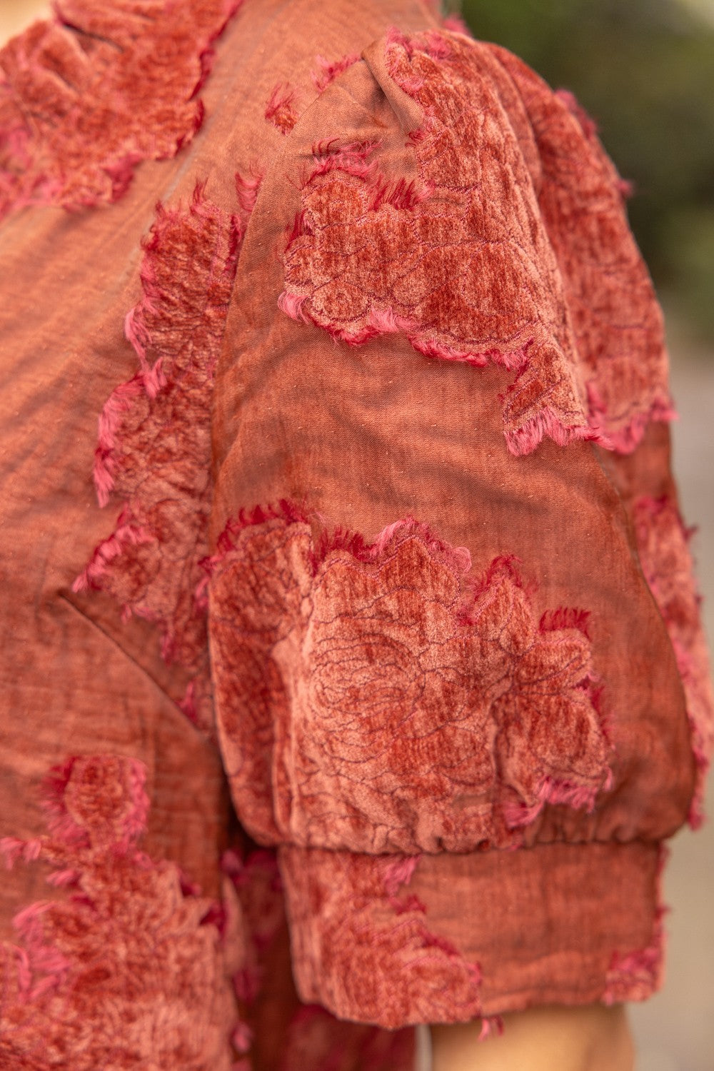 Ruffled V-neck Textured Top - Rust