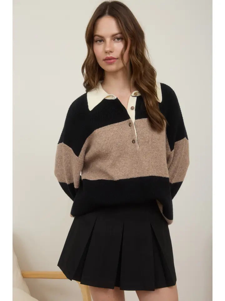 Wide Stripe Contrast Collar Long Sleeve Polo Sweater - Khaki