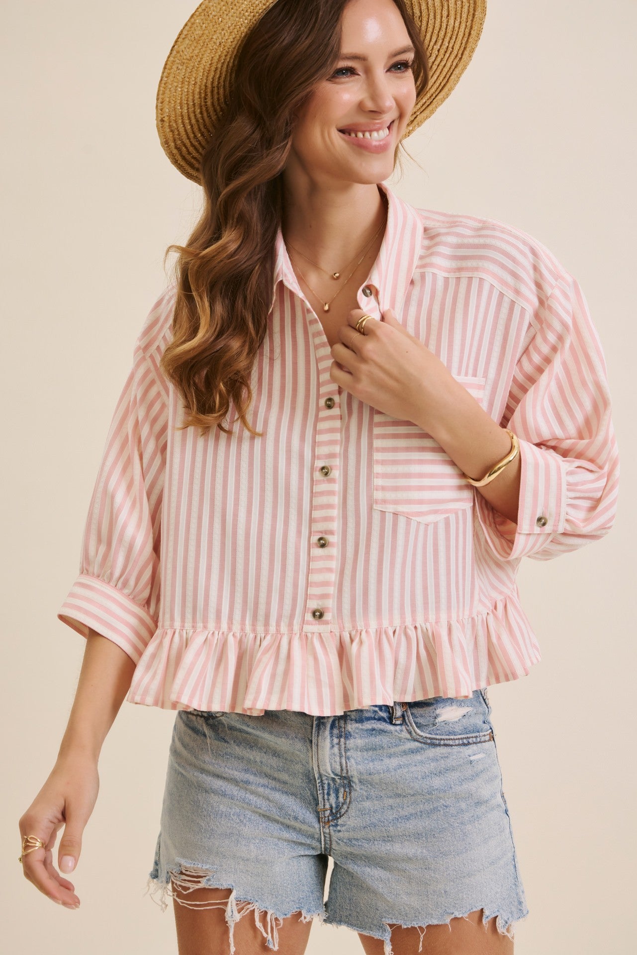 Stripe Button-down Oversized Blouse - Pink