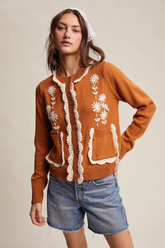Daisy Embroidered Trim Cardigan Sweater - Ginger