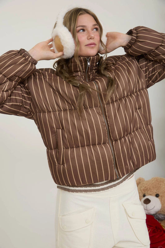 Striped High Neck Puffer Jacket - Brown