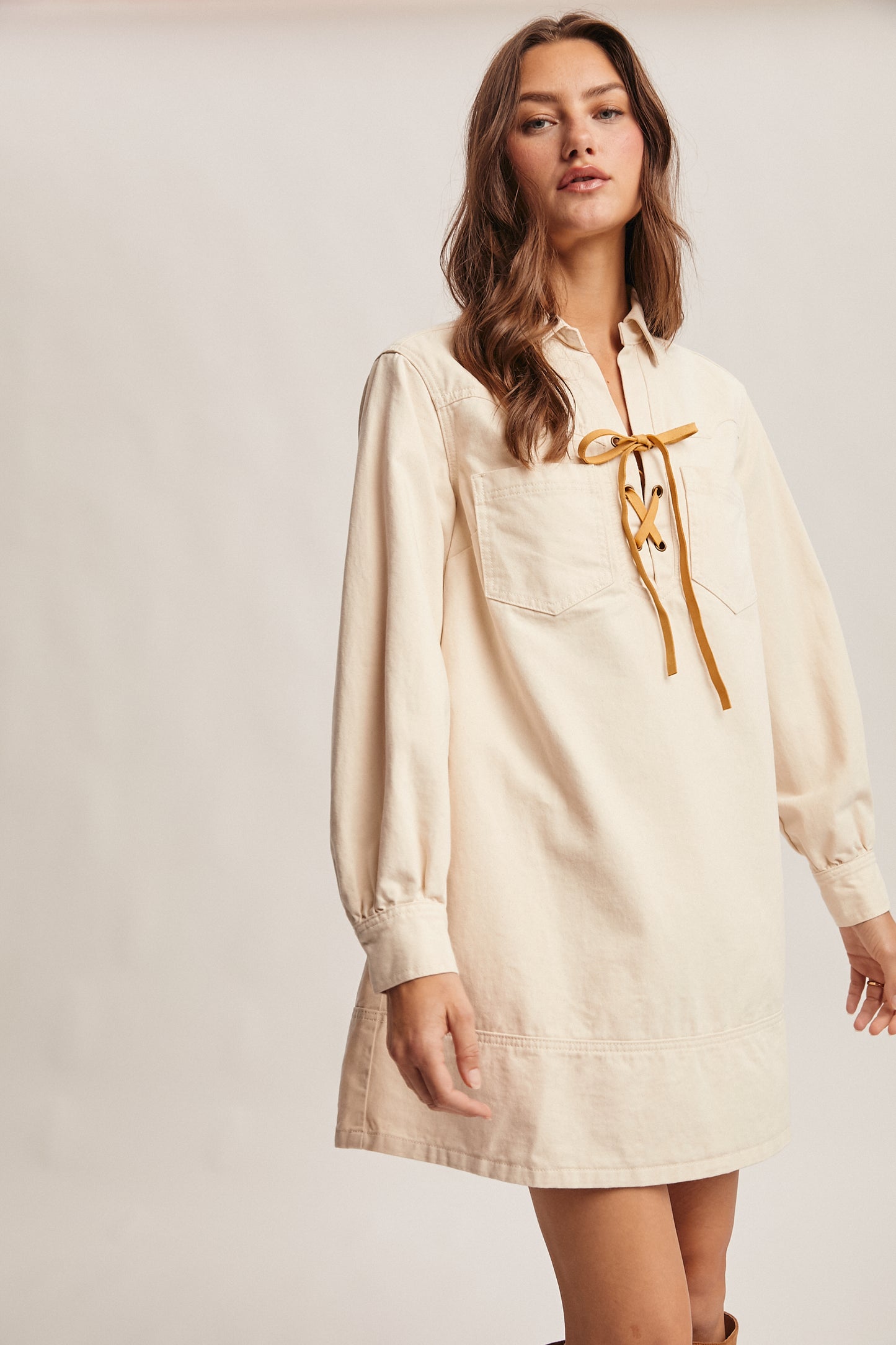 Lace Up Collared Dress - Cream
