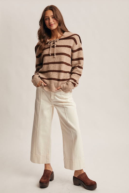 Striped Sailor Collar Knit Sweater - Mocha