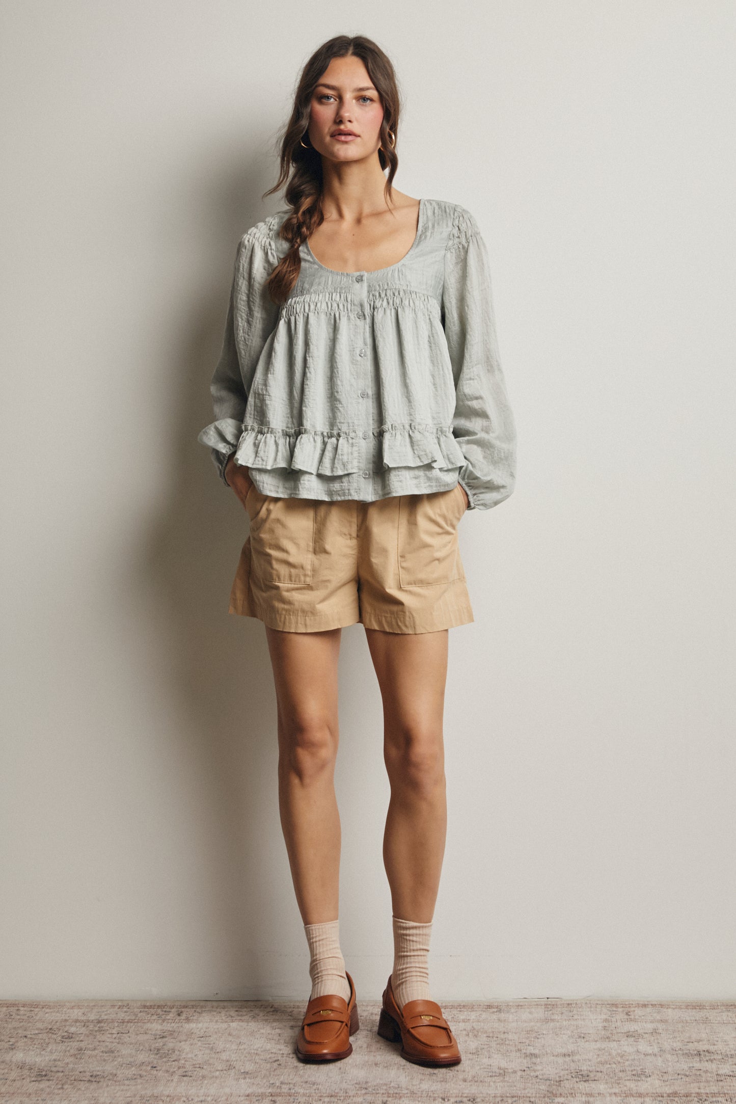 Button Front Ruffled Blouse - Sage
