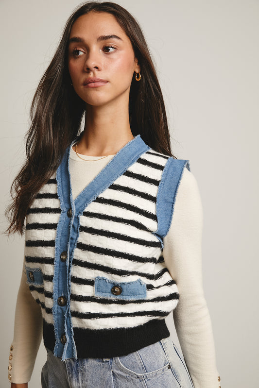 Denim Trim Knit Vest - Stripes