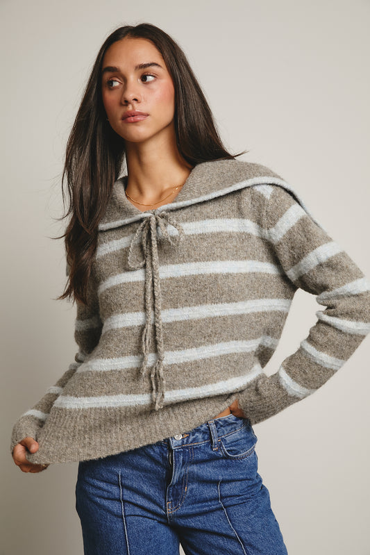 Striped Sailor Collar Knit Sweater - Stone