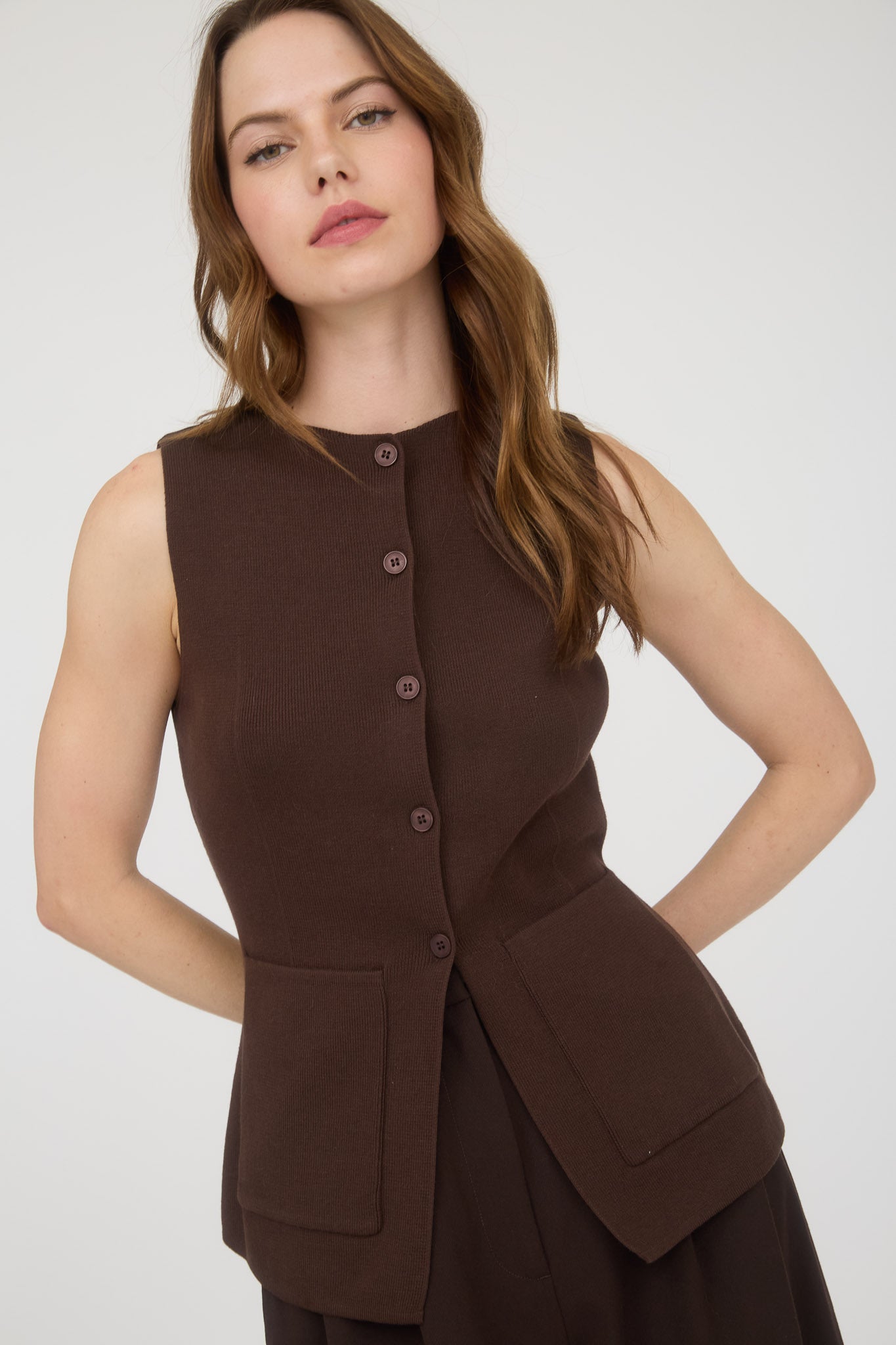 Button Down Sleeveless Vest - Brown