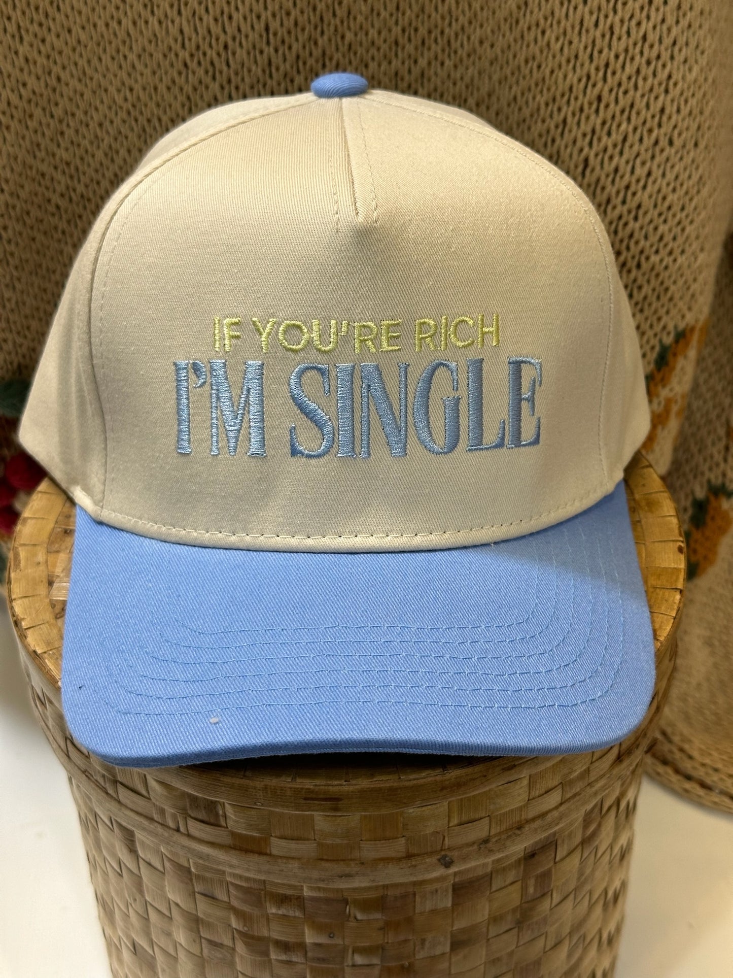 If You're Rich I'm Single Hat - Natural/Blue