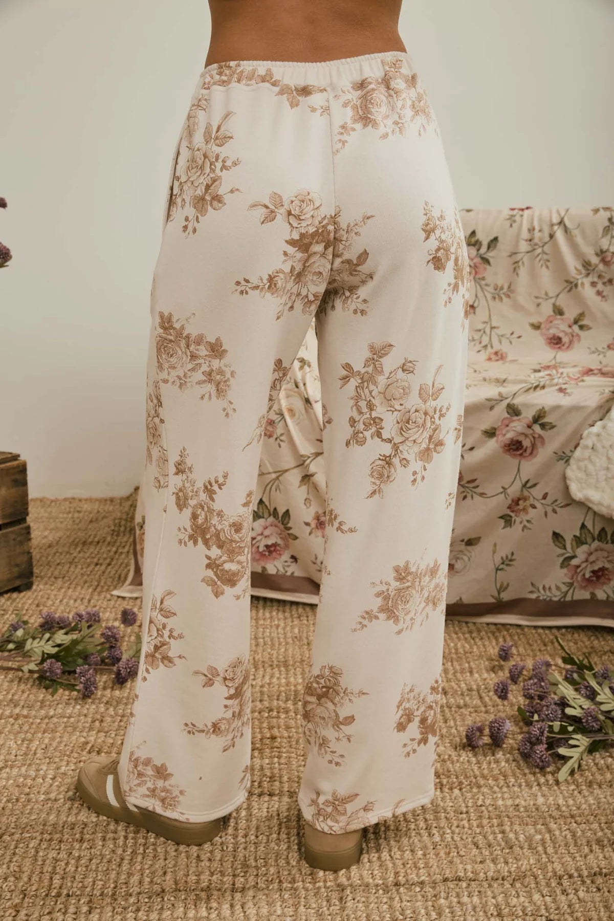 Floral Toile Wide Leg Lounge Pants - Khaki