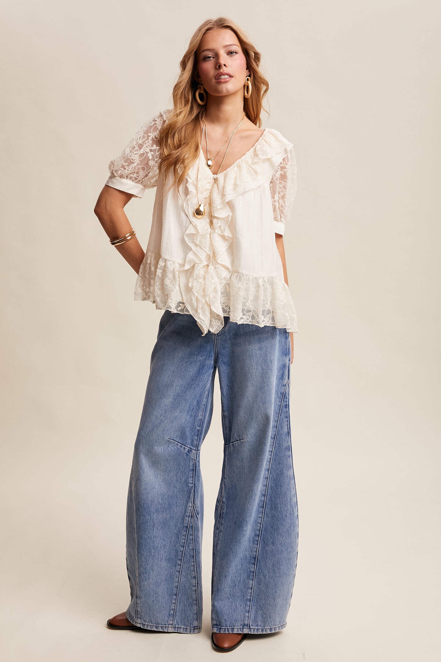 Ruffle Lace V-Neck Blouse - Cream