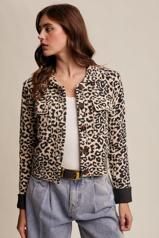 Leopard Knit Button-Up Jacket - Charcoal