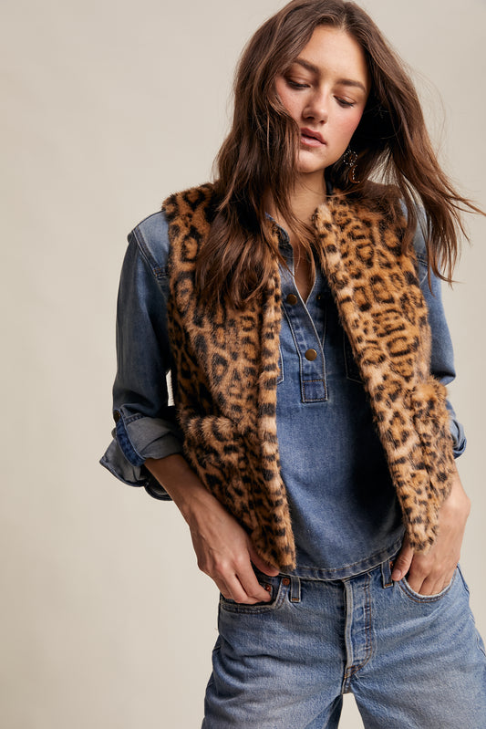 Faux Fur Leopard Vest - Espresso