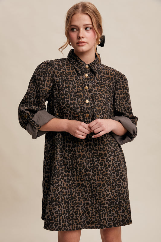 Leopard Denim Shirt Dress - Charcoal