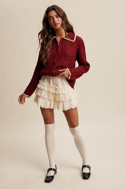 Scallop Trim Cable Knit Half-Zip Sweater -Plum