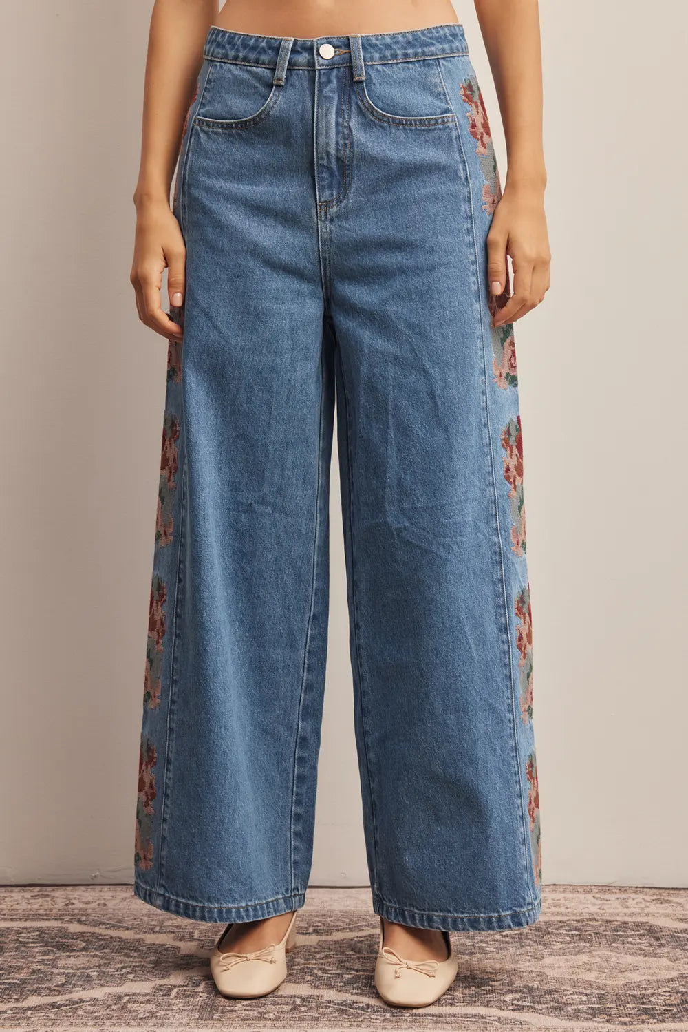 Floral Side Panel Wide Leg Jeans