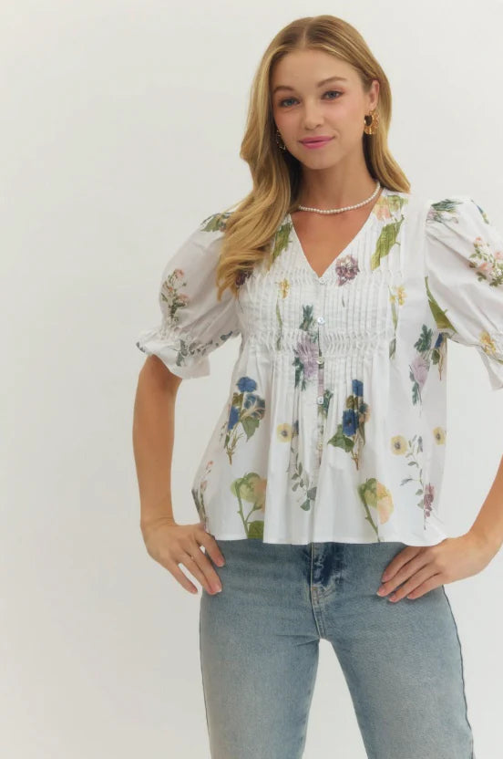 Floral Puff Sleeve Top - Off White