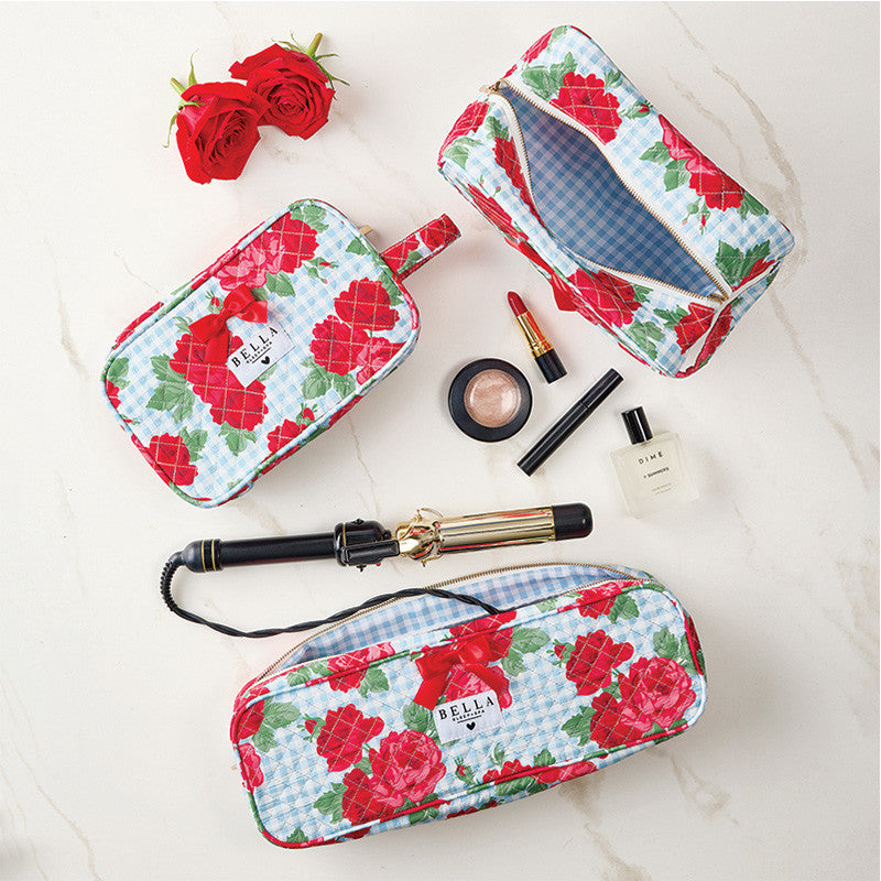 Quilted Cosmetic Bag - Blue Gingham + Red Roses