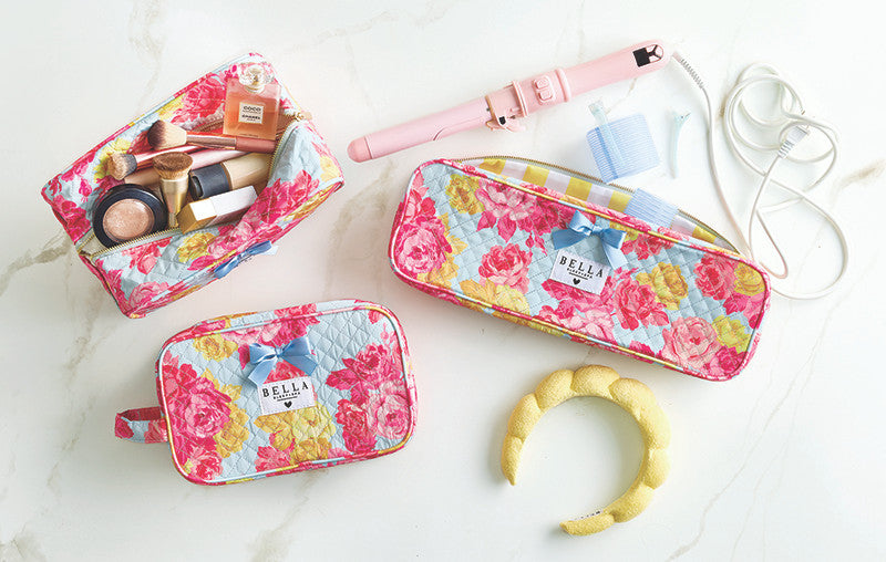 Quilted Cosmetic Bag - Blue + Rose Floral