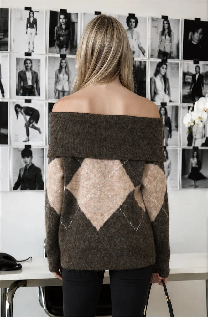Argyle Fold Over Sweater - Brown