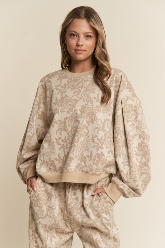 Floral Print Drop Shoulder Long Sleeve Sweater - Taupe