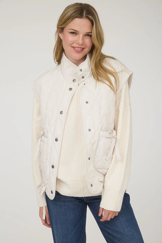 Tie Detail Snap Button Down Quilted Puffer Vest - Champagne