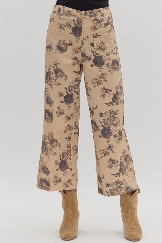 Floral Print Mid-Rise Ankle-Length Pants - Taupe
