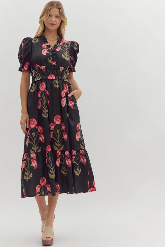Floral Print Short Puff Sleeve Midi Dress - Black/Pink