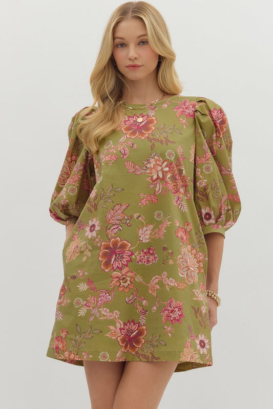 Floral Print Elbow Puff Sleeve Mini Dress - Olive