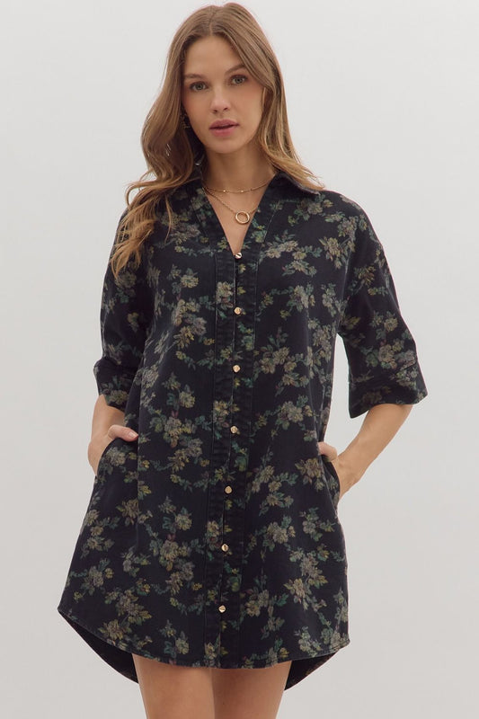 Floral Print Half Sleeve Mini Dress - Black