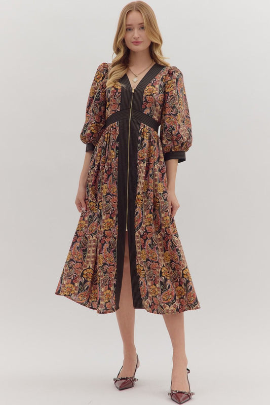 Paisley Print Puff Sleeve Midi Dress - Black