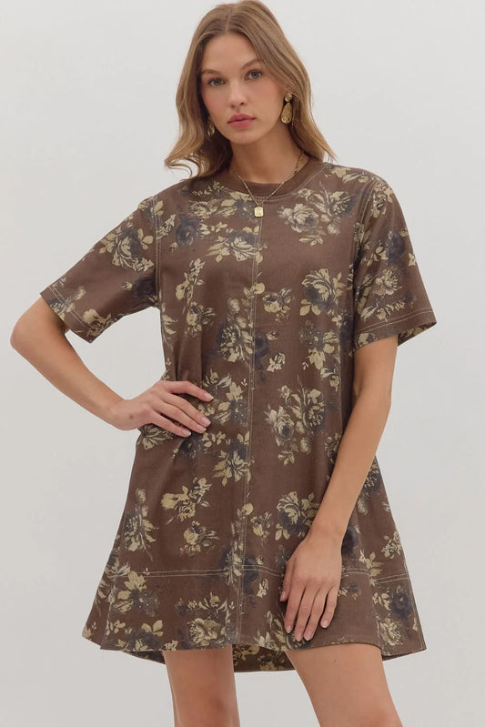 Floral Printed Denim Mini Dress - Brown