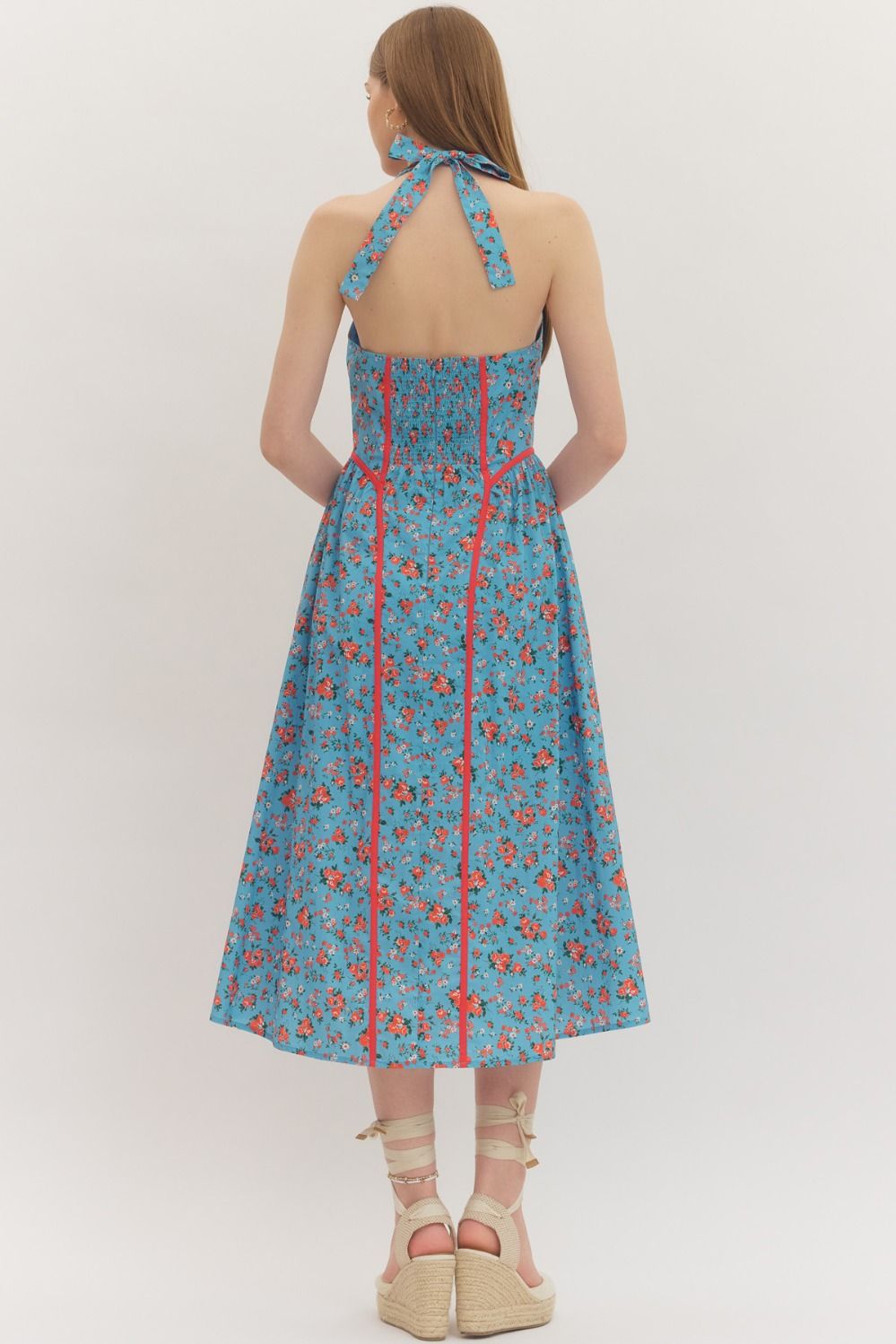 Floral Print Halter Neck Midi Dress - Blue/Red