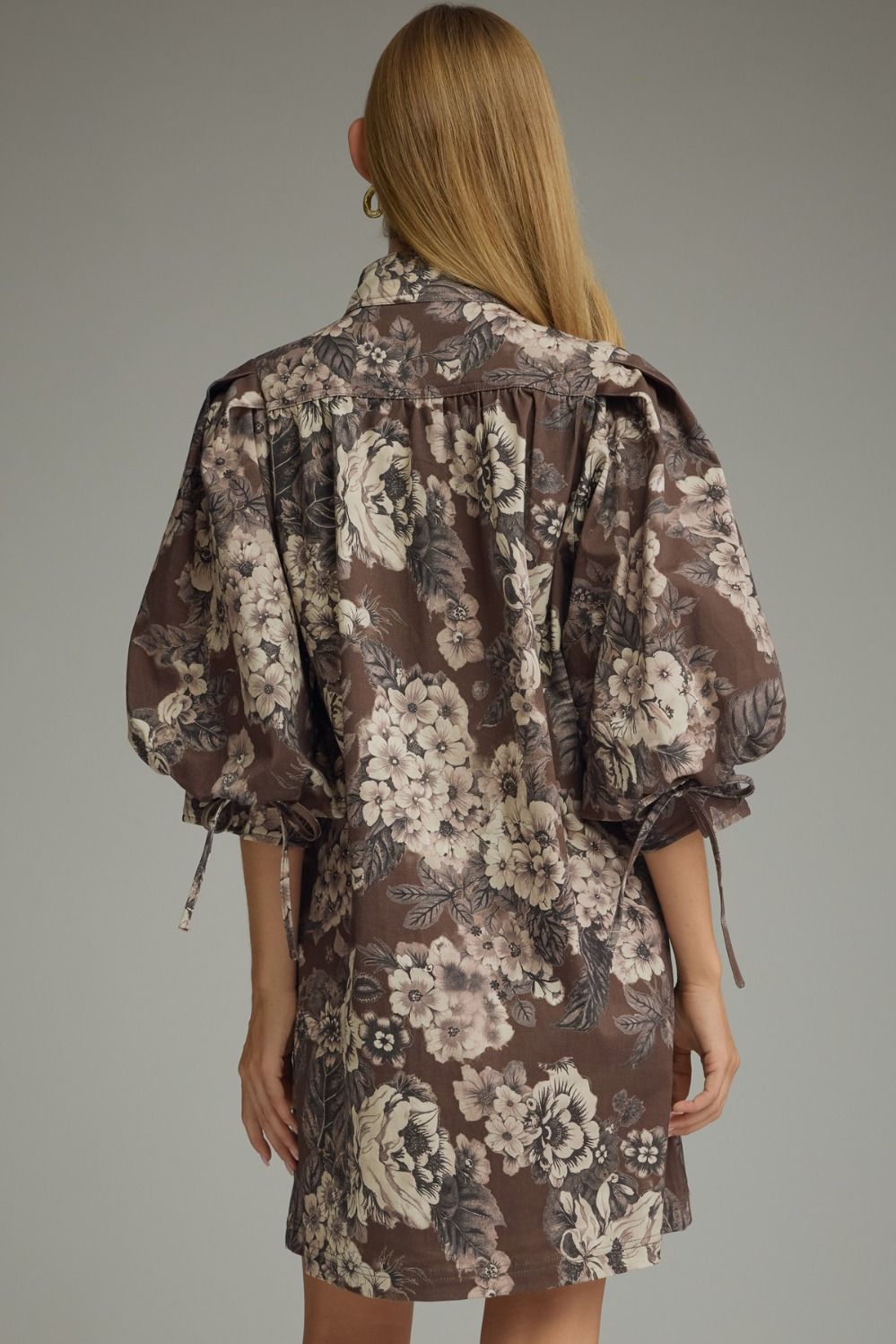 Floral Puff Sleeve Mini Dress - Brown