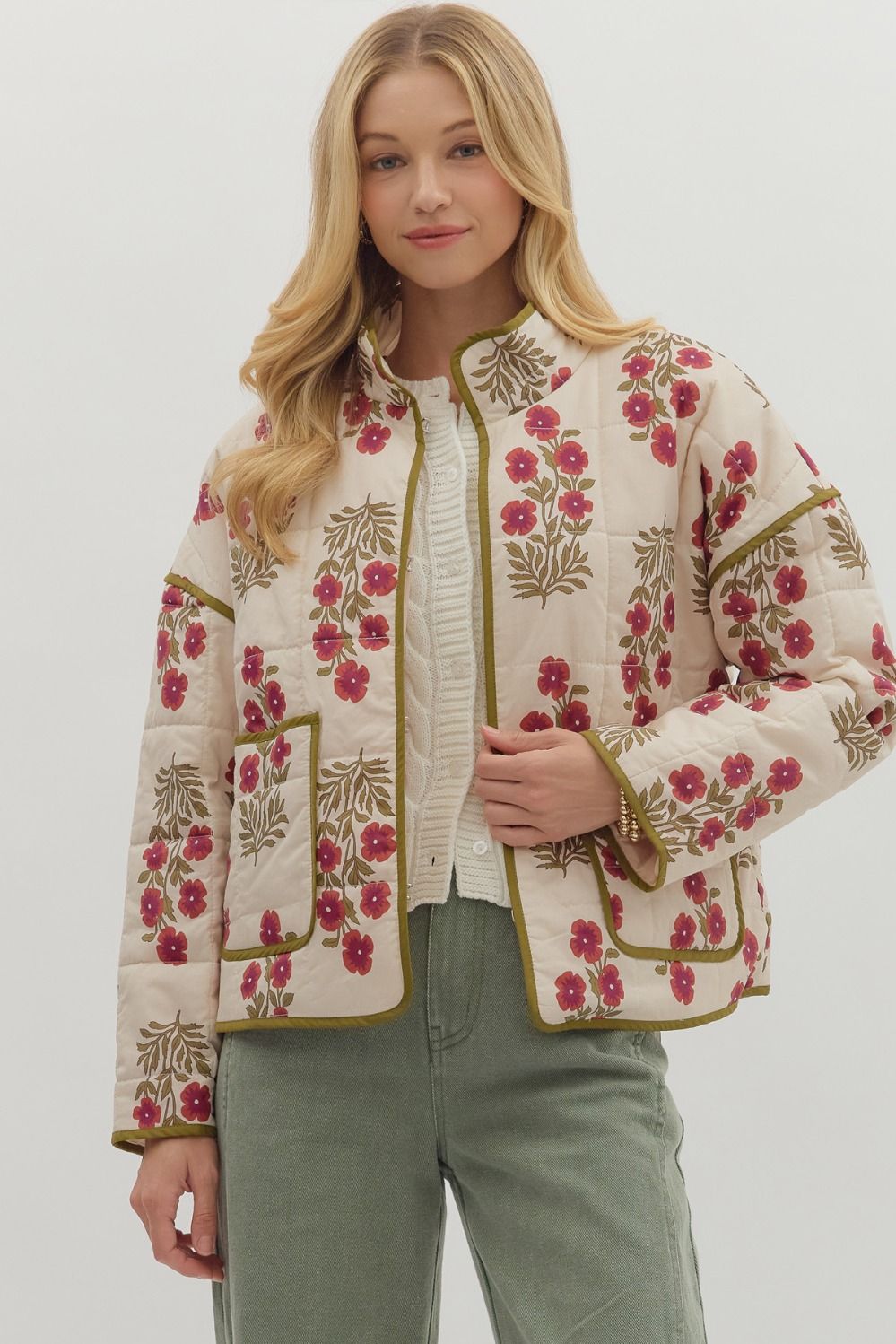 Floral Quilted Jacket - Red/Ecru