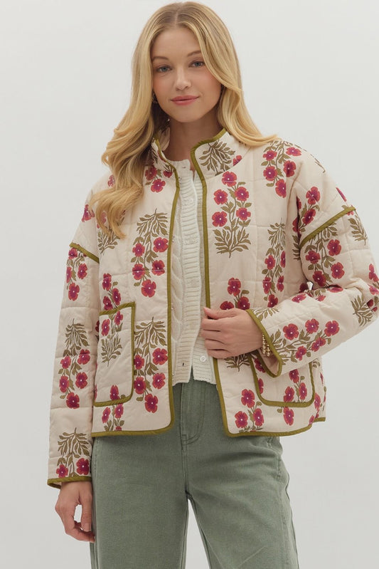Floral Quilted Jacket - Red/Ecru