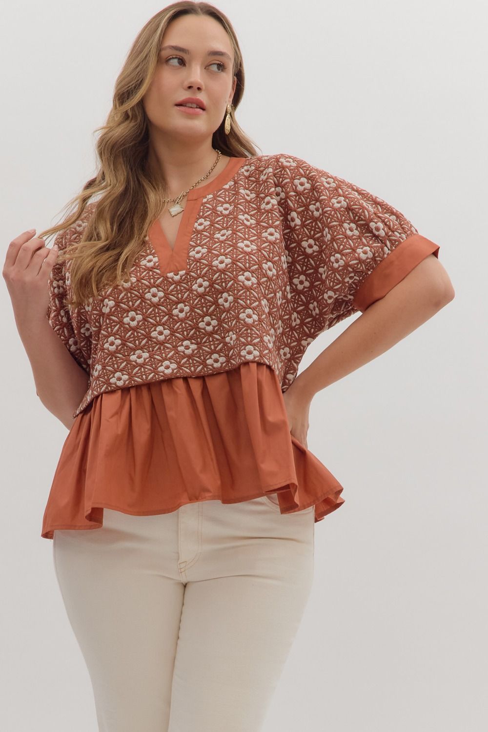 Floral Jacquard Short Sleeve Top - Rust